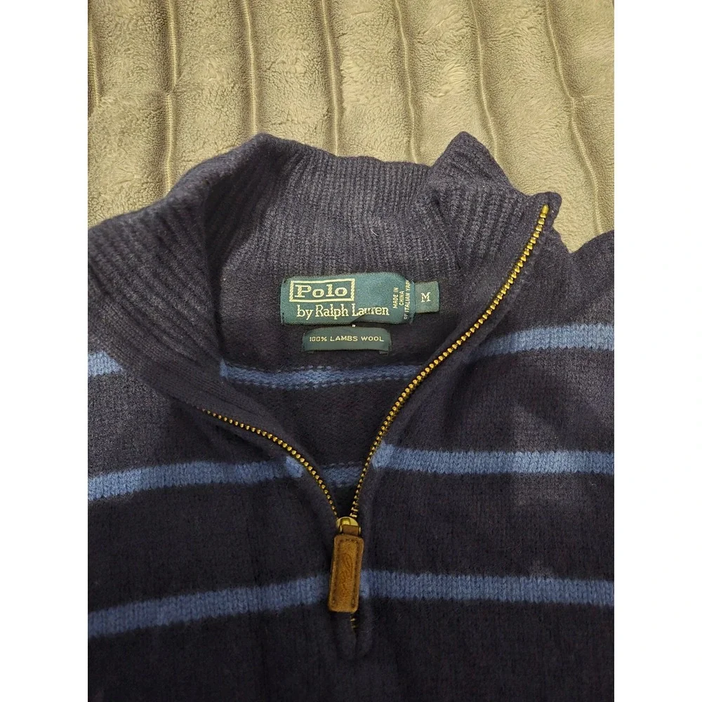 Polo Ralph Lauren Mens Medium Navy Striped 100% Lambswool Quarter Zip Sweater